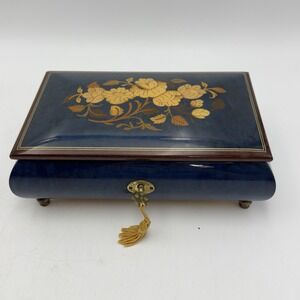 REUGE JEWELRY MUSIC BOX Wood Blue Beige Floral Inlay Italy Memory Cats Key Vtg
